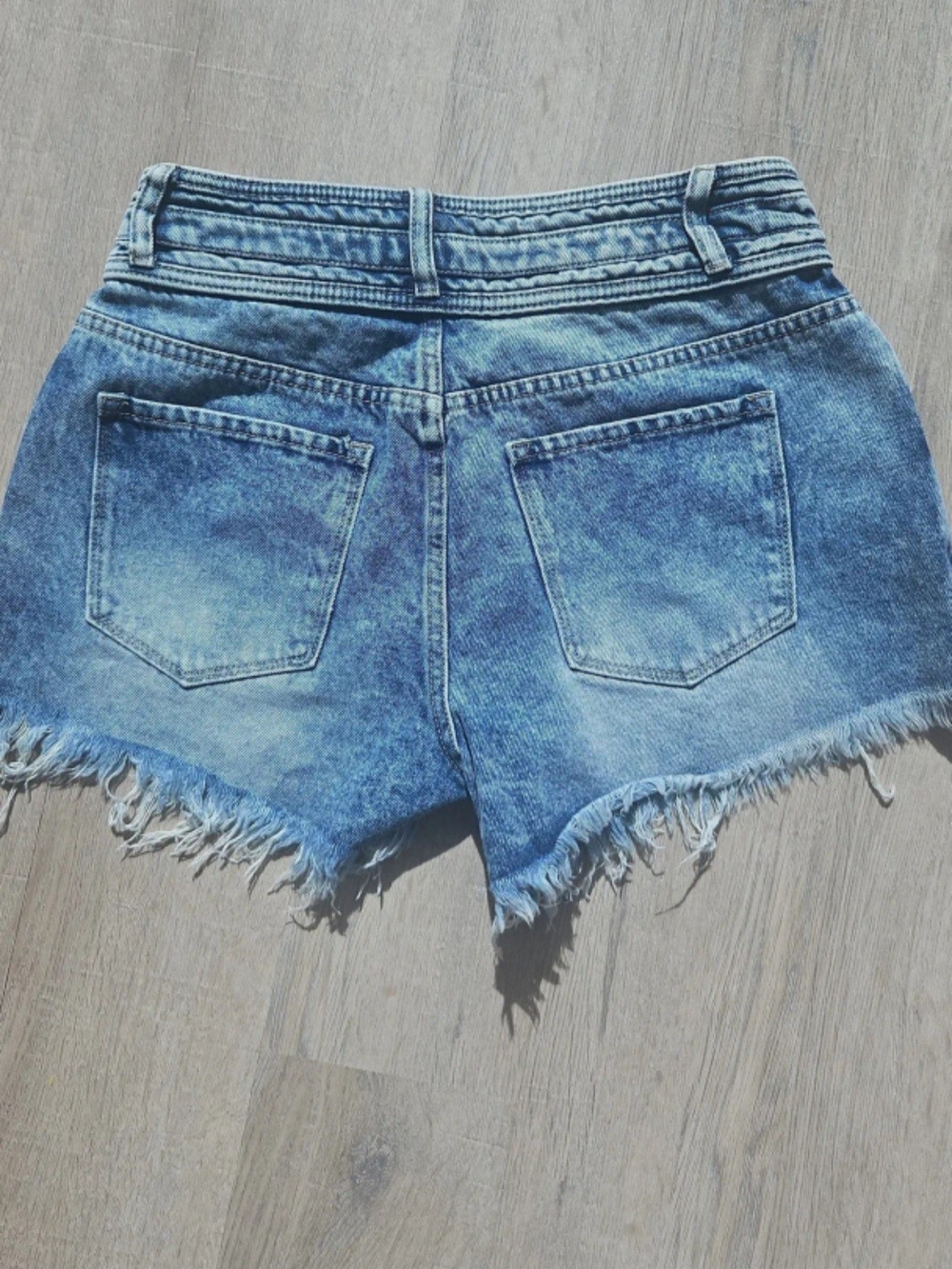 High-Rise Light Blue Denim Frayed Hem Women's Shorts - Picture 5 of 5